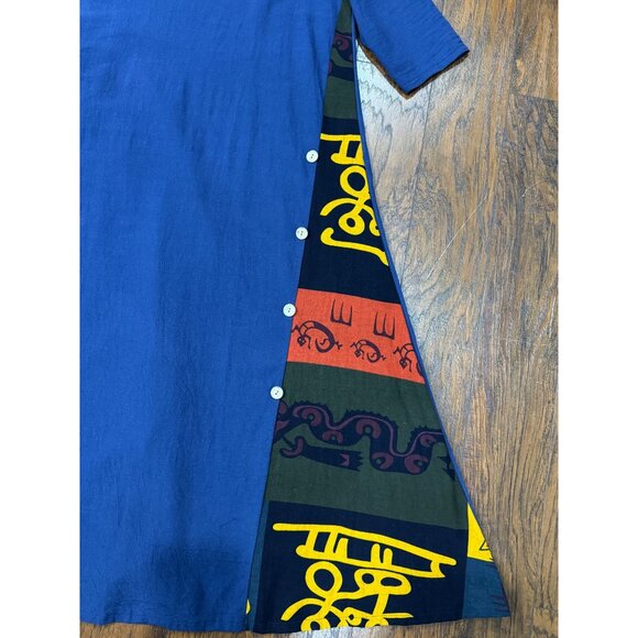 NEW Handmade M/L Blue Boho Chic Maxi Dress Button Detai Patterned Panel Cotton - Picture 8 of 11